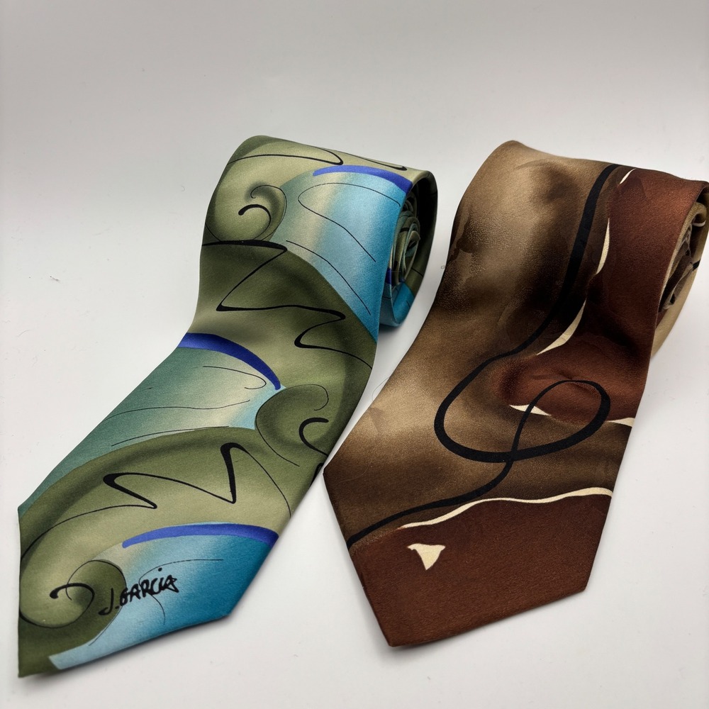 J.‎ Garcia Silk Tie Lot Mens OS Green Brown Abstract Emerging Elephant Dragon